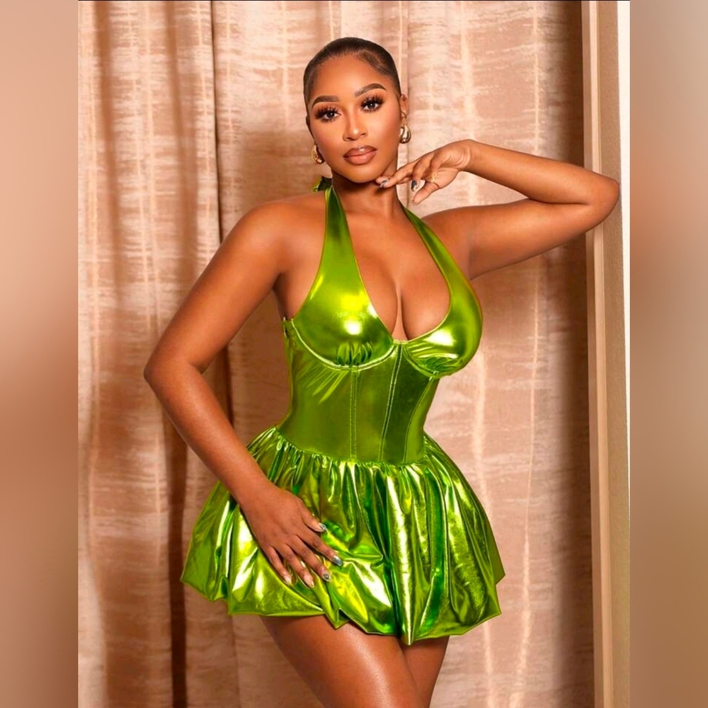 Shiny Green Halter Dress